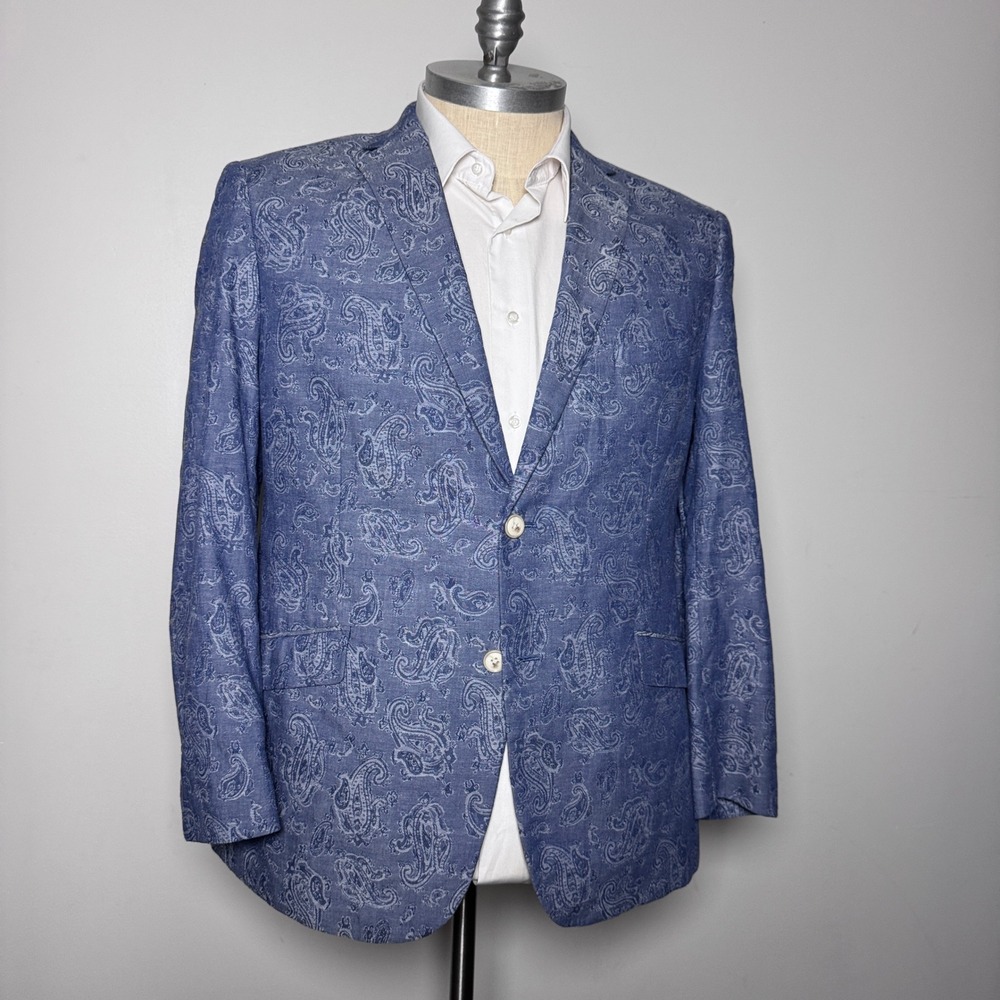 Tallia Blazer Mens 46R Blue Paisley Cotton Two Button Notch Lapel Sport Coat